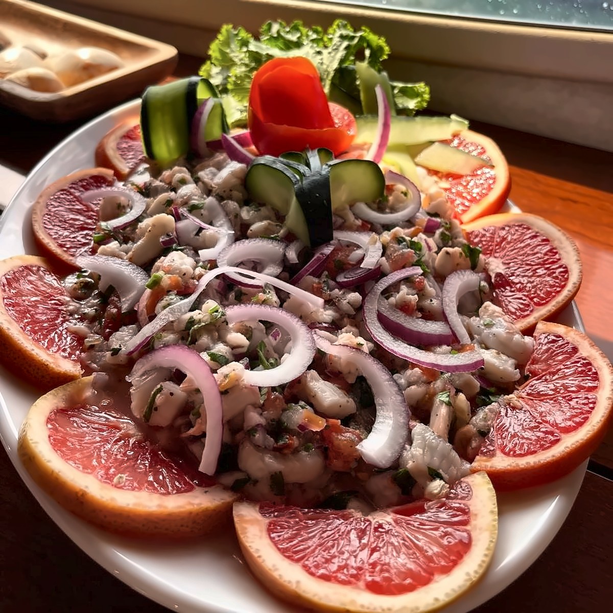Shrimp and fish ceviche with grapefruit on a private yacht