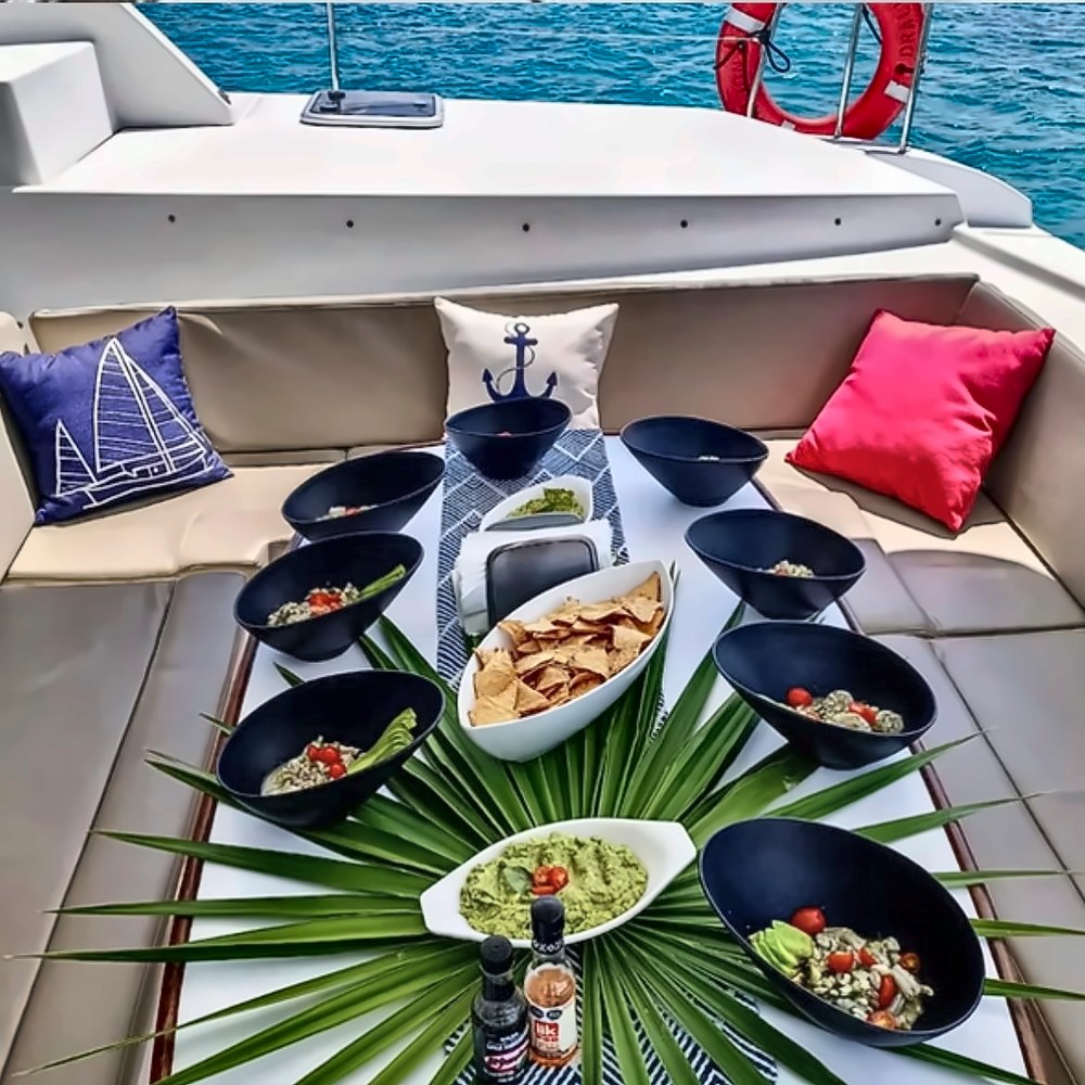 Ceviche, guacamole and chips served on deck of a private catamaran